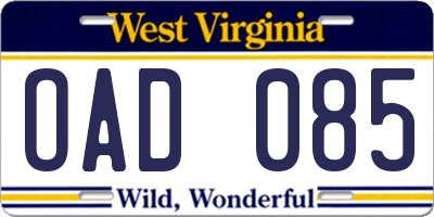 WV license plate OAD085