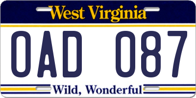 WV license plate OAD087