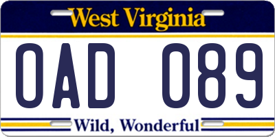 WV license plate OAD089