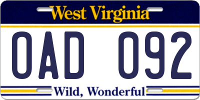 WV license plate OAD092
