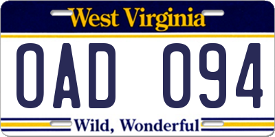 WV license plate OAD094