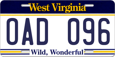 WV license plate OAD096