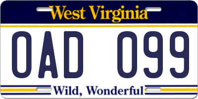 WV license plate OAD099