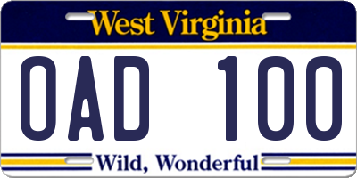 WV license plate OAD100