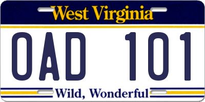 WV license plate OAD101