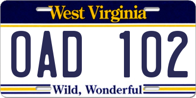 WV license plate OAD102
