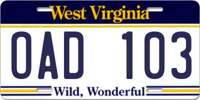 WV license plate OAD103
