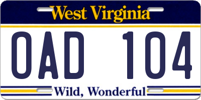WV license plate OAD104