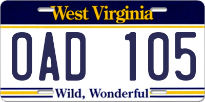 WV license plate OAD105