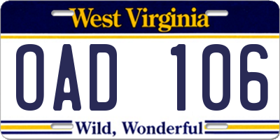 WV license plate OAD106