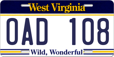 WV license plate OAD108