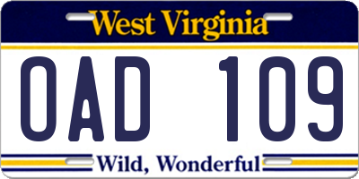 WV license plate OAD109