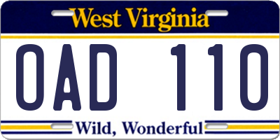WV license plate OAD110