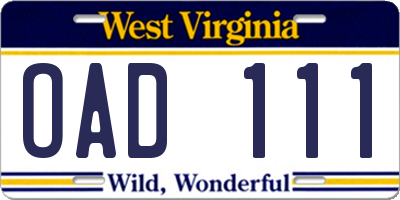 WV license plate OAD111