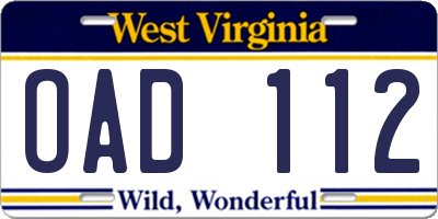 WV license plate OAD112