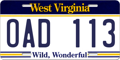 WV license plate OAD113