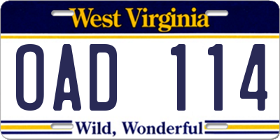 WV license plate OAD114