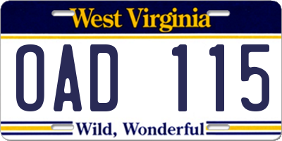 WV license plate OAD115