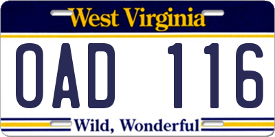 WV license plate OAD116