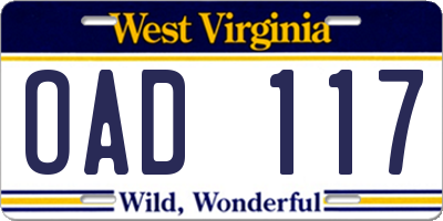 WV license plate OAD117