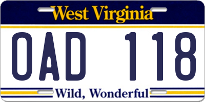 WV license plate OAD118