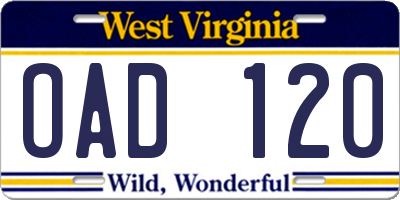 WV license plate OAD120