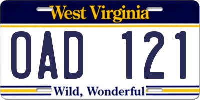 WV license plate OAD121