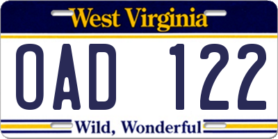 WV license plate OAD122