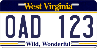 WV license plate OAD123