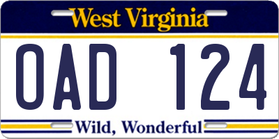 WV license plate OAD124