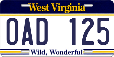 WV license plate OAD125