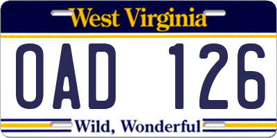 WV license plate OAD126