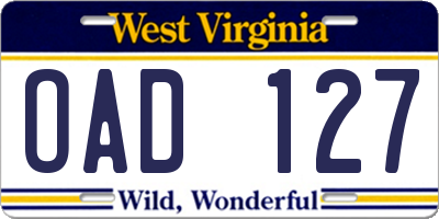 WV license plate OAD127