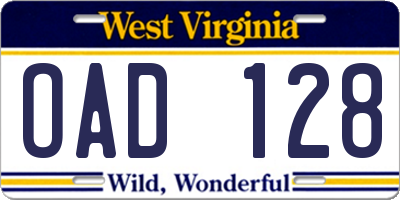WV license plate OAD128