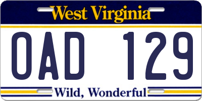 WV license plate OAD129