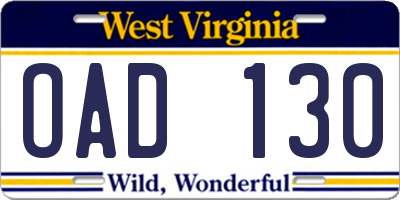 WV license plate OAD130