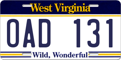 WV license plate OAD131