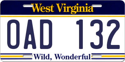 WV license plate OAD132