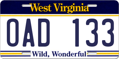 WV license plate OAD133