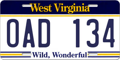 WV license plate OAD134
