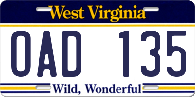 WV license plate OAD135