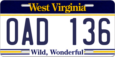 WV license plate OAD136