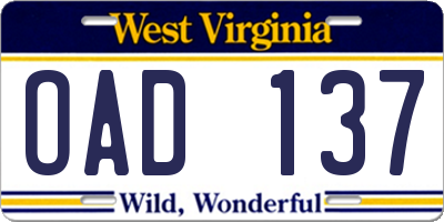 WV license plate OAD137