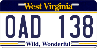WV license plate OAD138