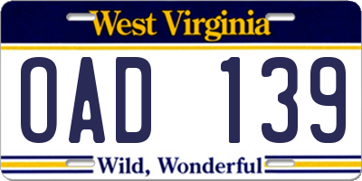 WV license plate OAD139