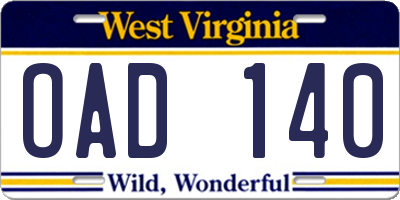WV license plate OAD140