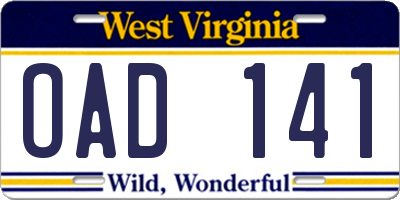 WV license plate OAD141