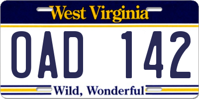 WV license plate OAD142