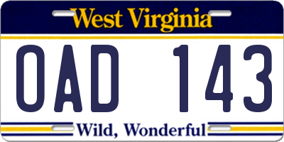 WV license plate OAD143