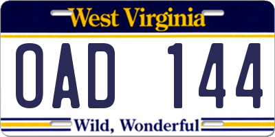 WV license plate OAD144